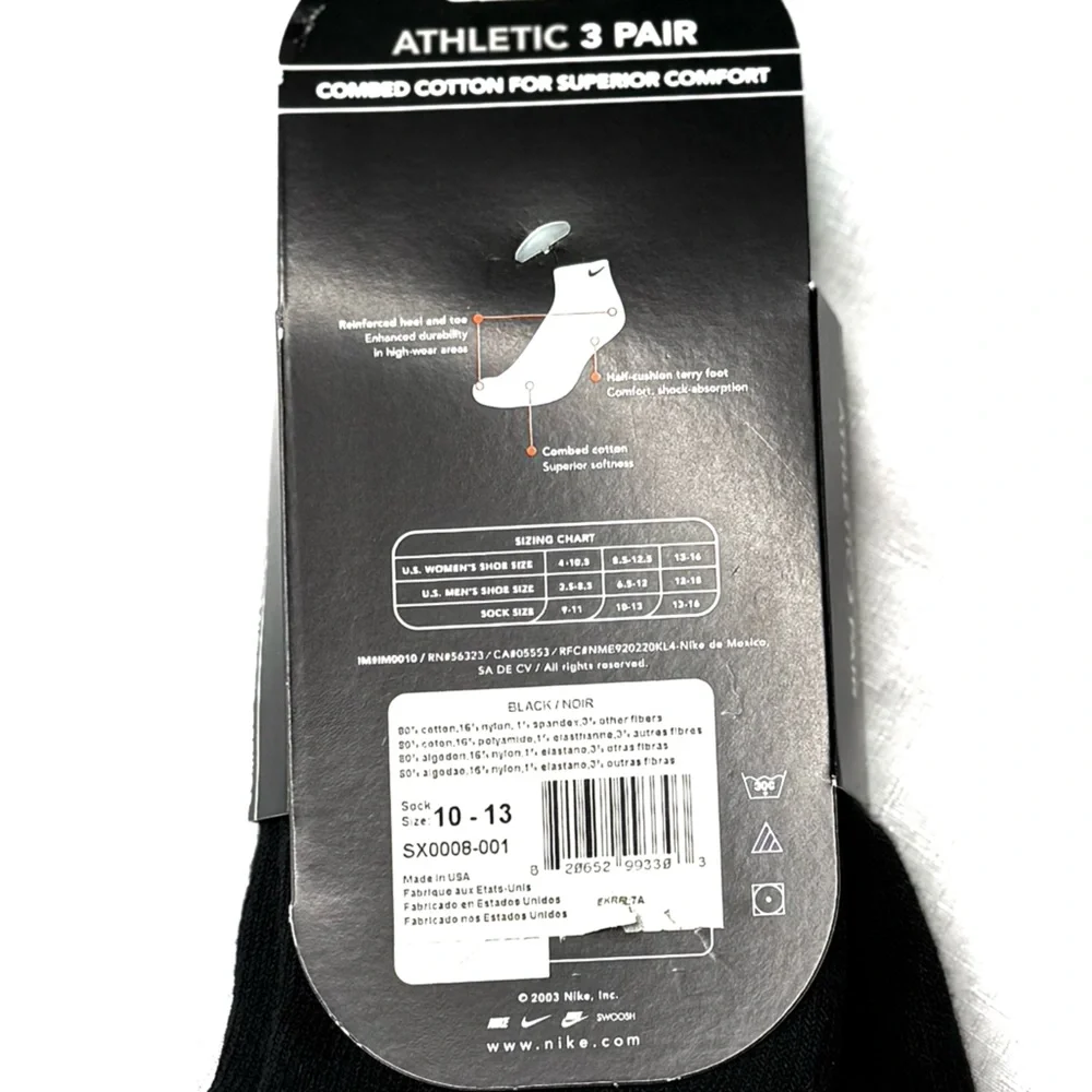 Nike Black Low Cut Athletic Socks 3 Pair Comfort Cotton Cushioned Size 6.5-12